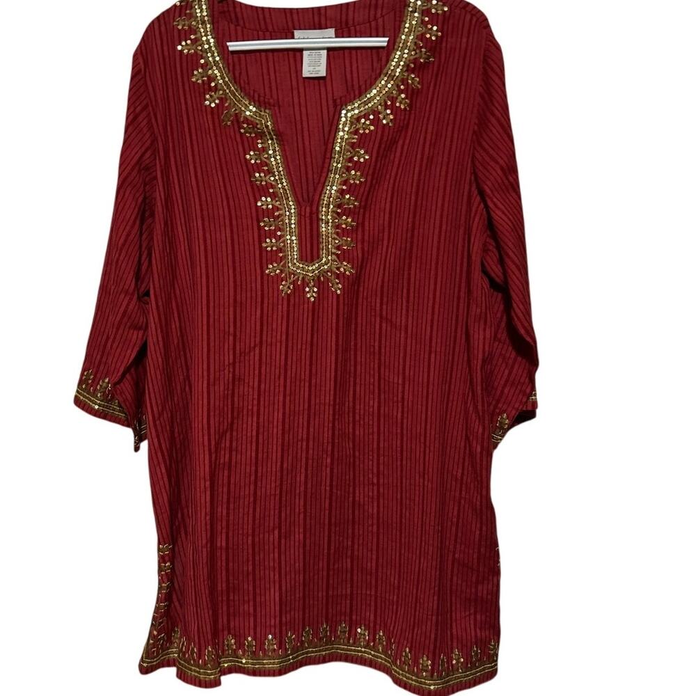 Soft Surroundings Rust Long Tunic Gold‎ Trim Quarter Sleeve V-Neck Tunic Size 1X